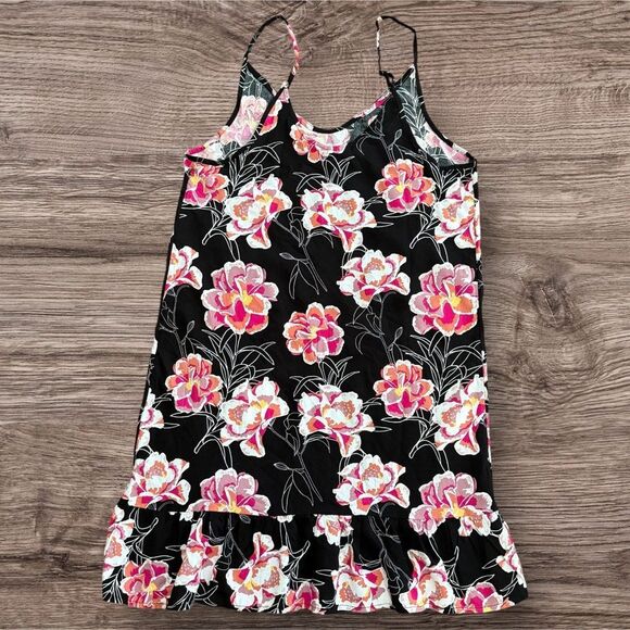 Roxy Black and Pink Floral Sundress with Ruffle Hem and Spaghetti Straps XS - Picture 2 of 12